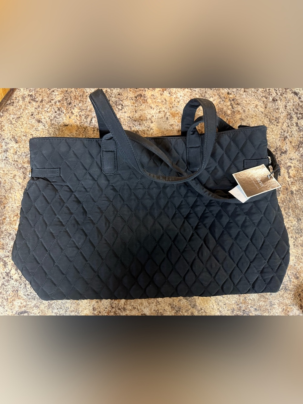 NWT Vera Bradley Black Quilted Microfiber Buckle Tote Bag Large